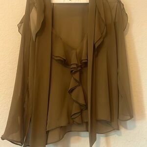 Zara Khaki Green Open Shoulder Sheer Ruffled Blouse Small